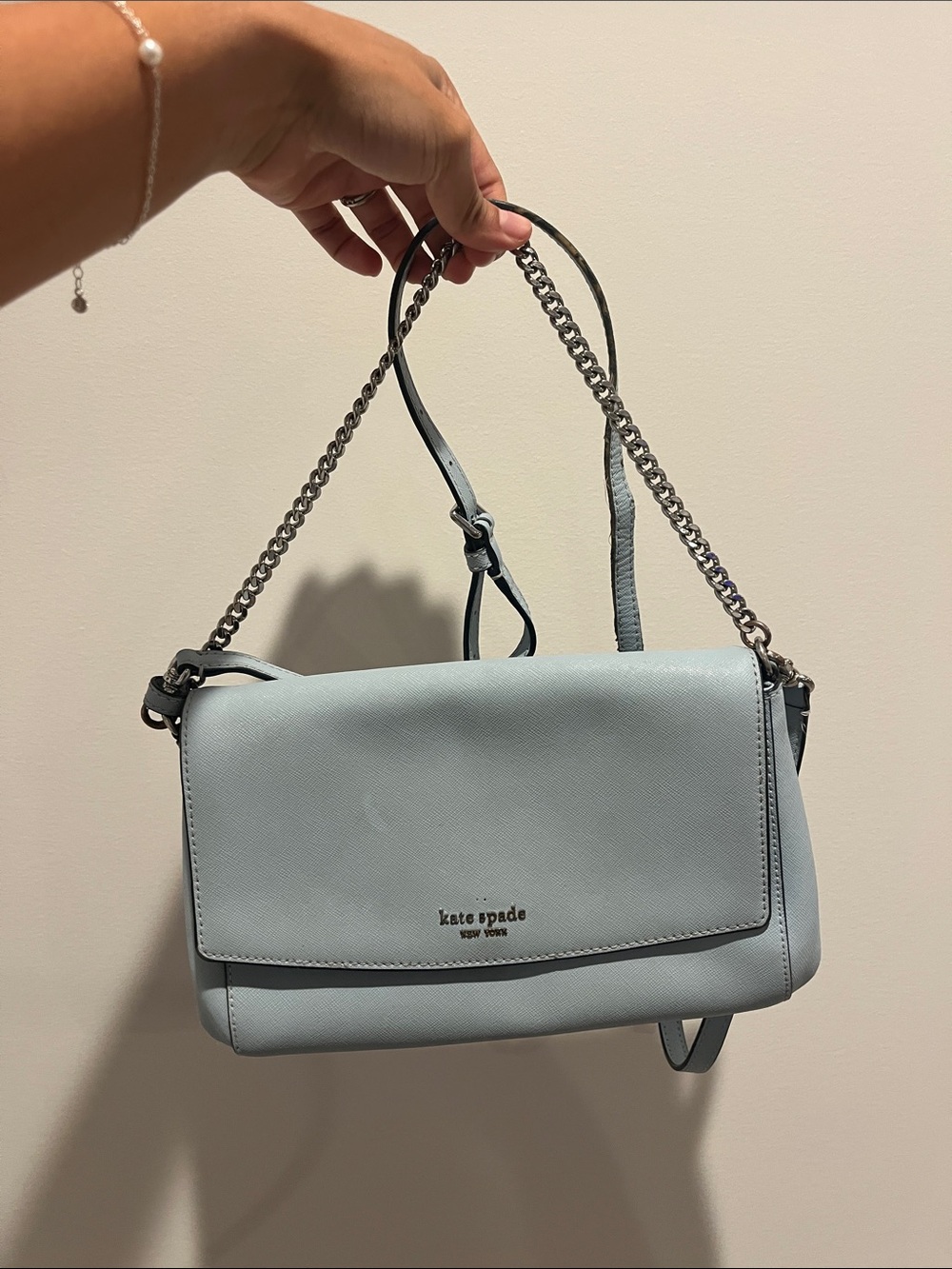 kate spade Light Blue Leather Chain-Trim Crossbody Bag
